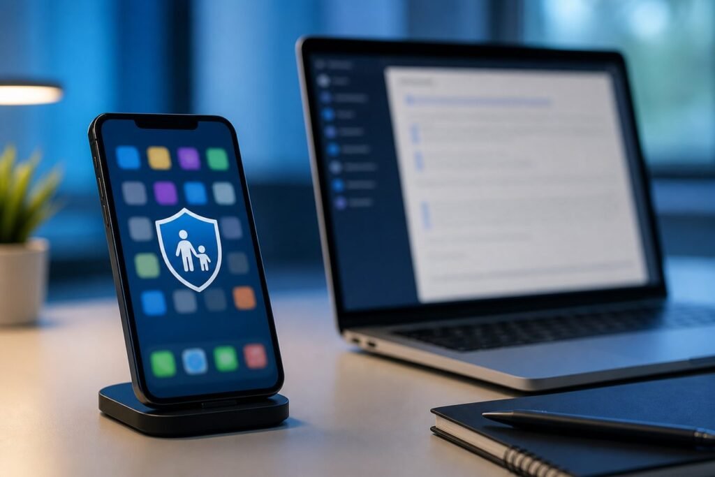 Smartphone app screen with parental control shield for App Store age assurance guide