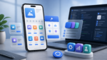 Abstract smartphone app marketplace showing App Store subscription bundles and developer tools