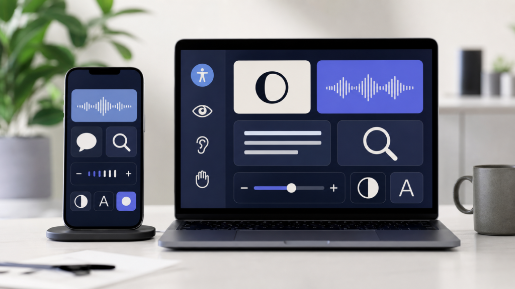 Apple accessibility features guide with iPhone and laptop interface elements