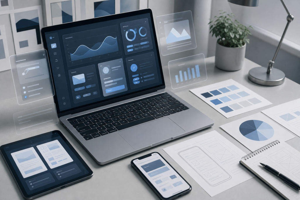 Abstract Apple design kits workspace showing UI components for iOS 27, iPadOS 27 and macOS 27