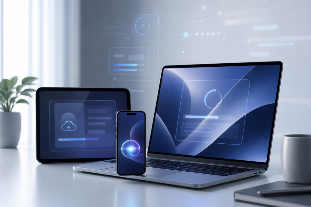 Modern iPhone, iPad and Mac-style devices on a desk representing Apple Intelligence Siri AI updates