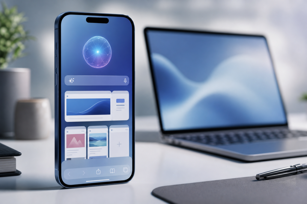 iPhone showing Siri AI and Safari web summaries for an iOS 27 guide