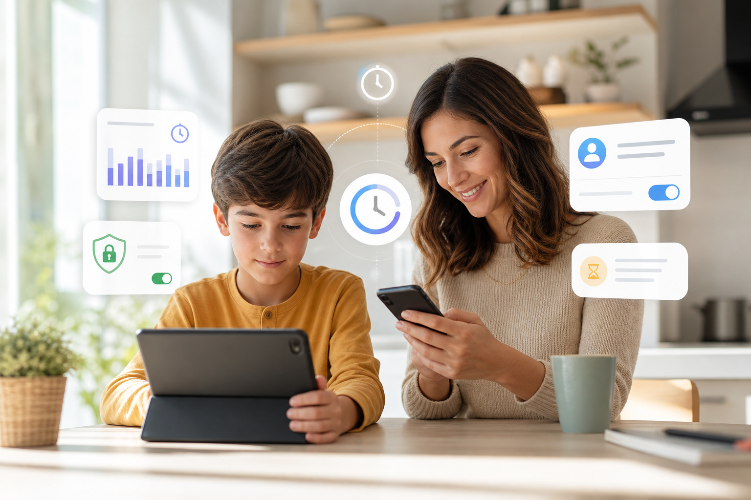 Parent and child using iPhone and iPad with Screen Time parental controls concept