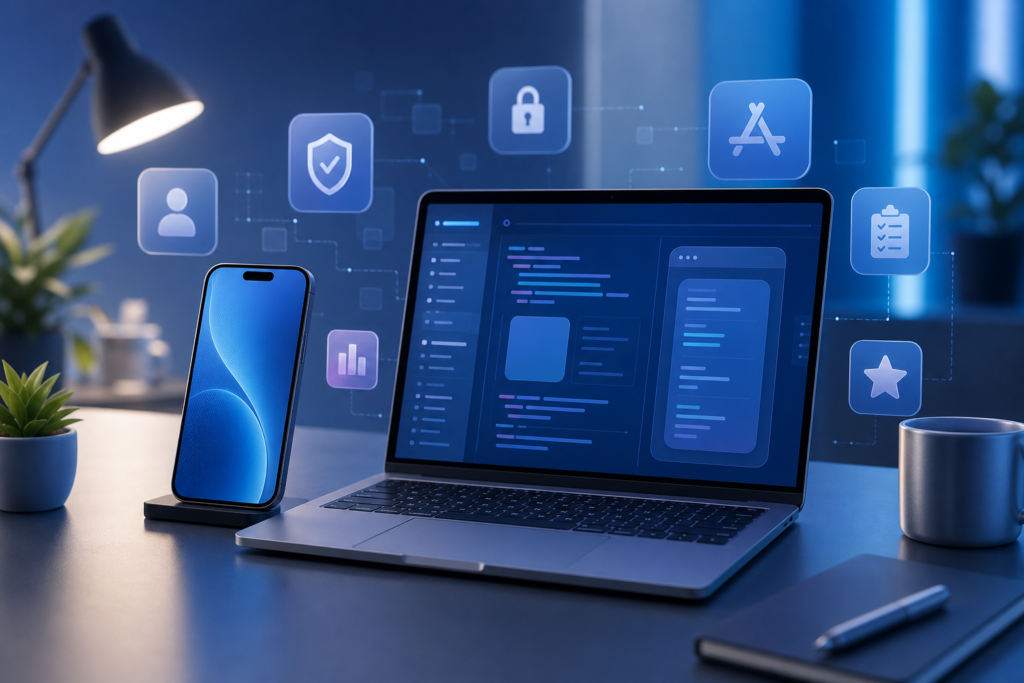 Generic smartphone and laptop workspace for Apple developer policy update
