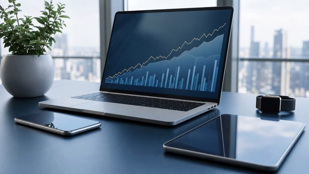Smartphone, laptop, tablet and smartwatch beside a financial growth chart for Apple Q3 2026 results
