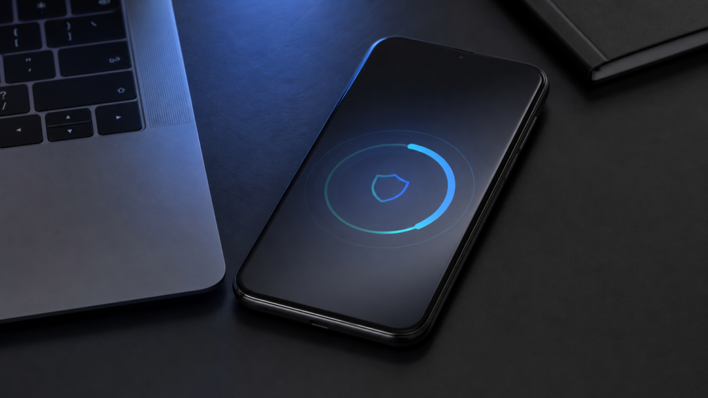 iPhone software security update on a desk with a shield icon