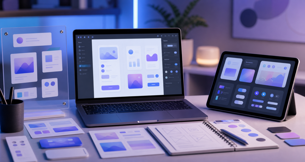 App design workspace showing generic UI design boards for iOS 27 design kits
