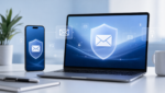 Smartphone and laptop with privacy shield and email icons for a Hide My Email privacy article