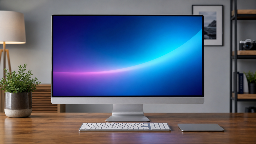 Refurbished professional 27-inch monitor in a modern Mac workspace