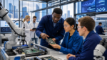 Engineers learning advanced electronics manufacturing and automation in a modern training lab