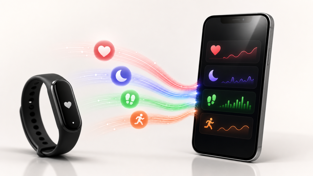 Fitness tracker sharing heart, sleep, step and workout data with a health app on an iPhone