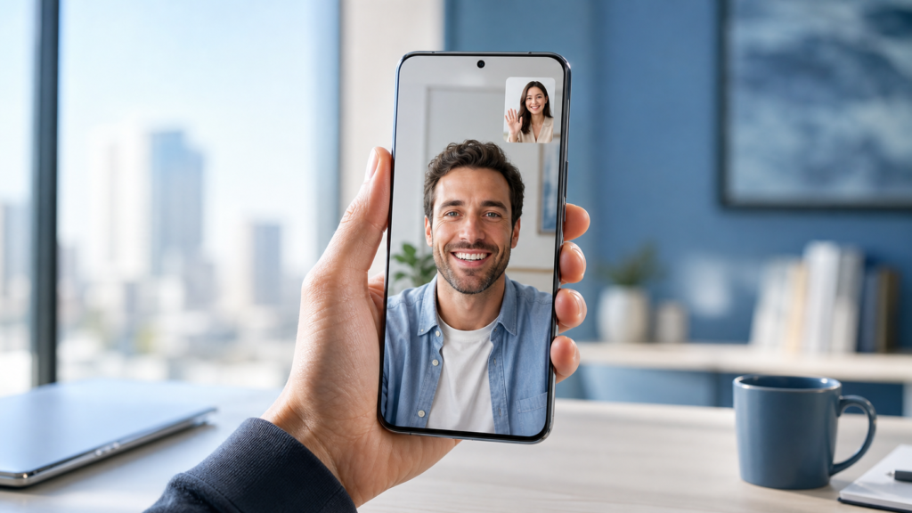 iPhone-style smartphone demonstrating a dual-camera FaceTime video call