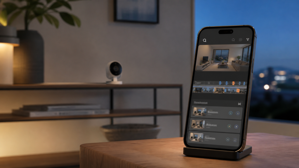 Smart home camera and smartphone illustrating iOS 27 HomeKit Secure Video AI search