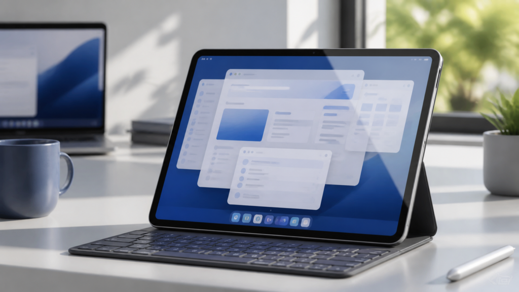Tablet with keyboard showing desktop-style windows for an iPadOS 27 features guide