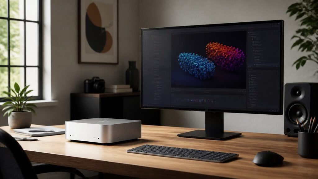 Compact desktop computer and monitor in a creative workspace for a Mac Studio buying guide