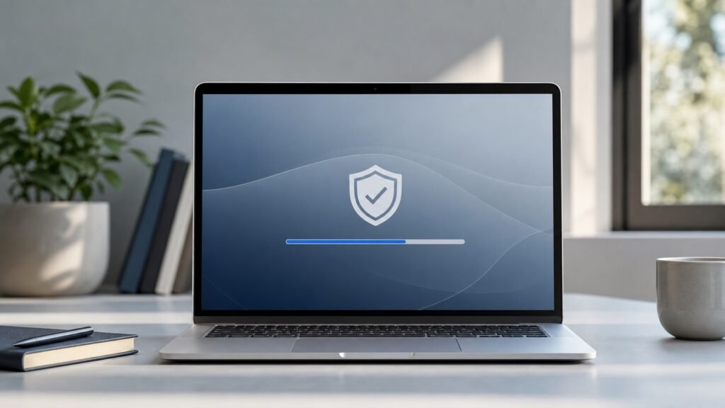 Laptop displaying a macOS security update with a shield icon