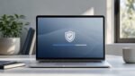 Laptop displaying a macOS security update with a shield icon