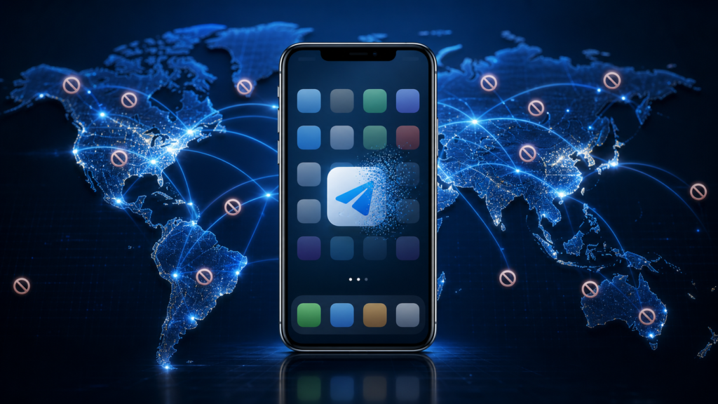 Telegram app disappearing from a smartphone marketplace across a digital world map