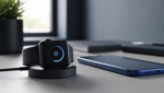 Apple Watch software security update on a charging stand beside an iPhone