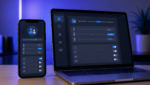 Unbranded smartphone and laptop showing generic app age-rating settings