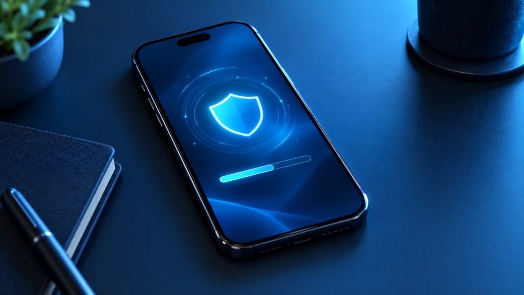 iPhone security update guide with a digital shield on screen