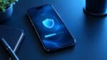 iPhone security update guide with a digital shield on screen