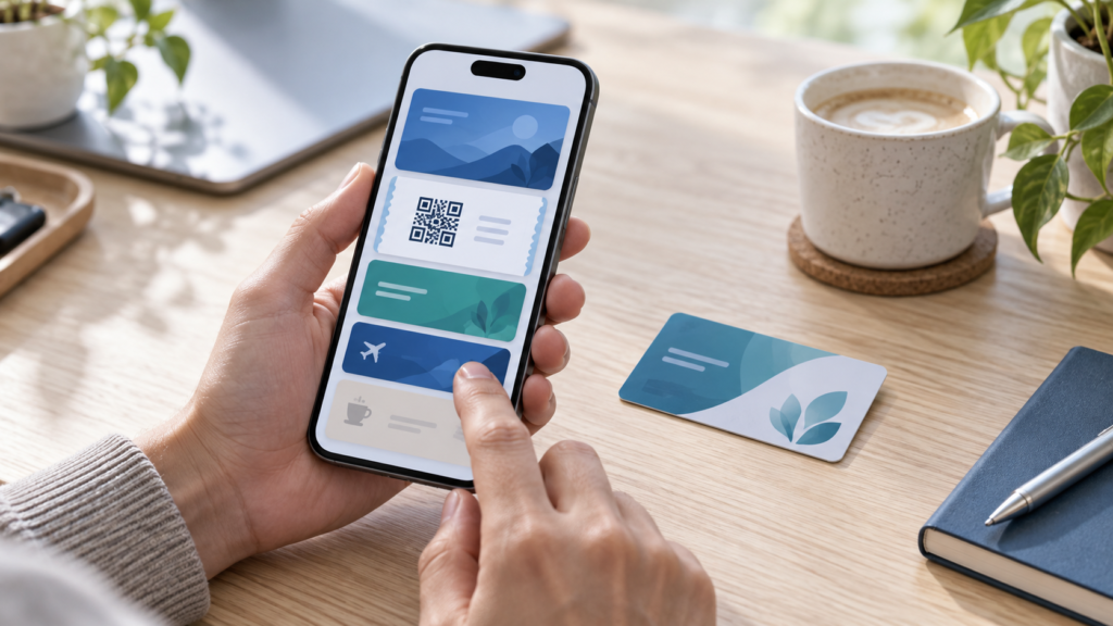 iPhone displaying custom digital Wallet passes beside a physical membership card