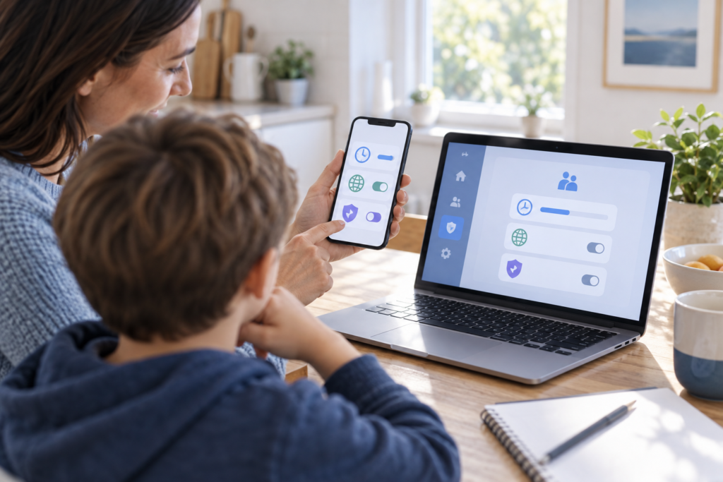 Parent and child reviewing iOS 27 parental controls on a smartphone