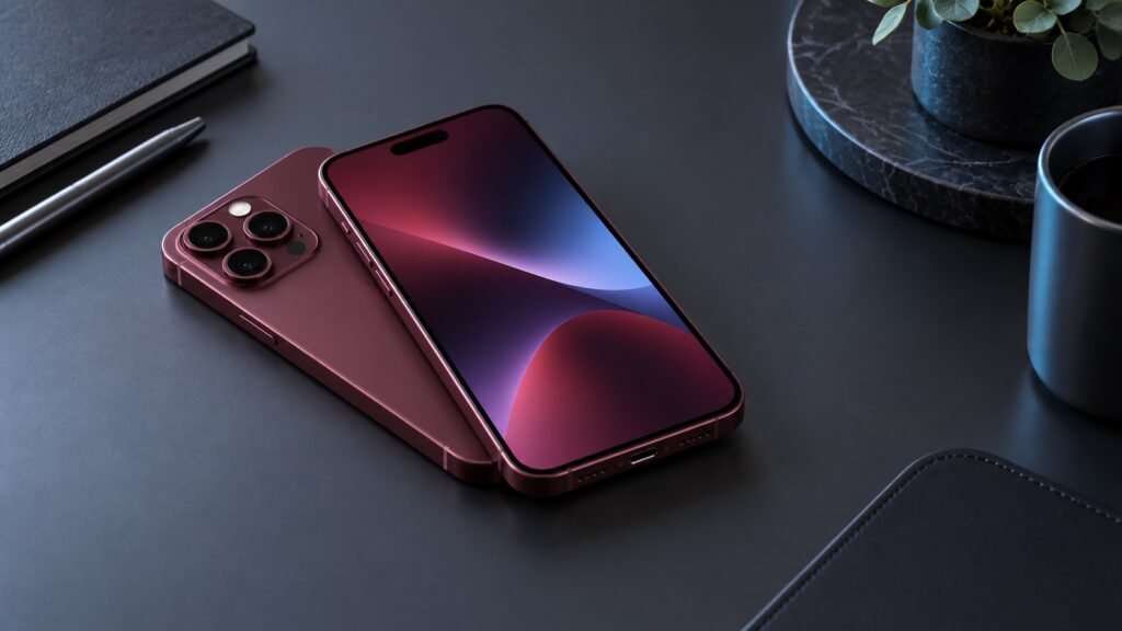 Burgundy premium smartphone on a dark desk for an iPhone 18 Pro Australia guide