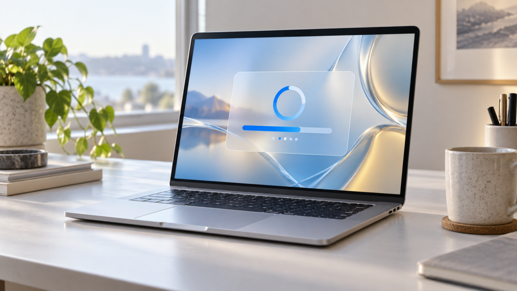 Unbranded silver laptop displaying an abstract macOS 27 software update interface