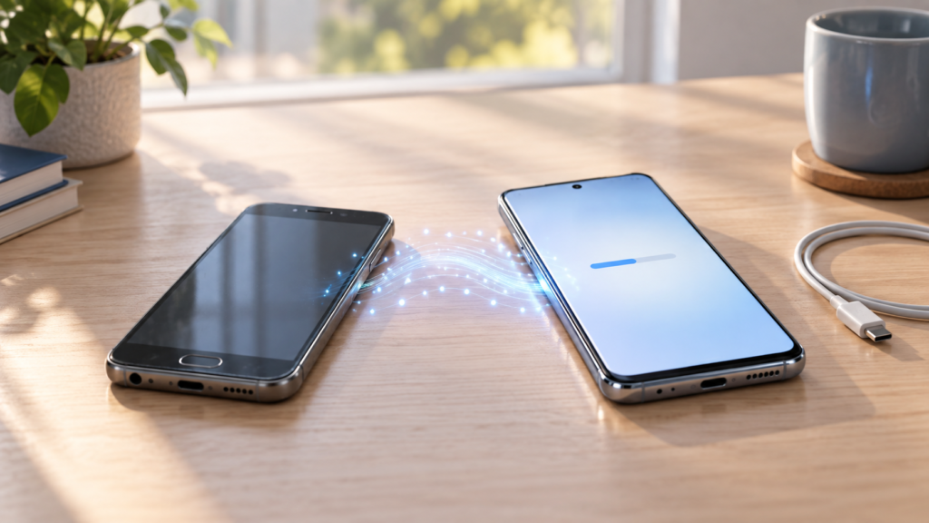 New iPhone setup with two smartphones transferring data on a desk
