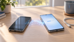 New iPhone setup with two smartphones transferring data on a desk