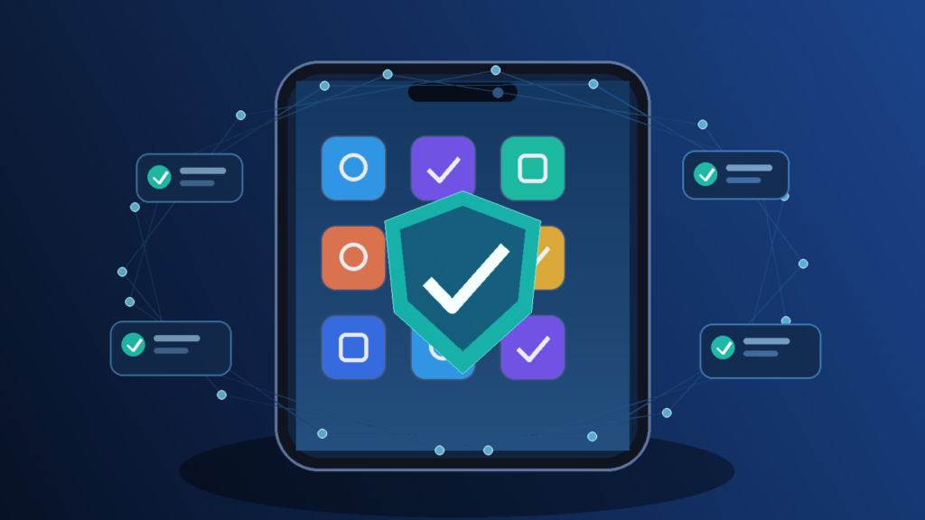 Smartphone protected by a security shield representing Apple App Store rules and AI safety